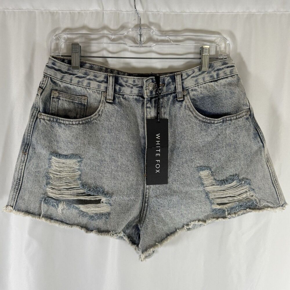 New White Fox Jean Shorts Women's Large Light Wash On A Mission Denim Shorts